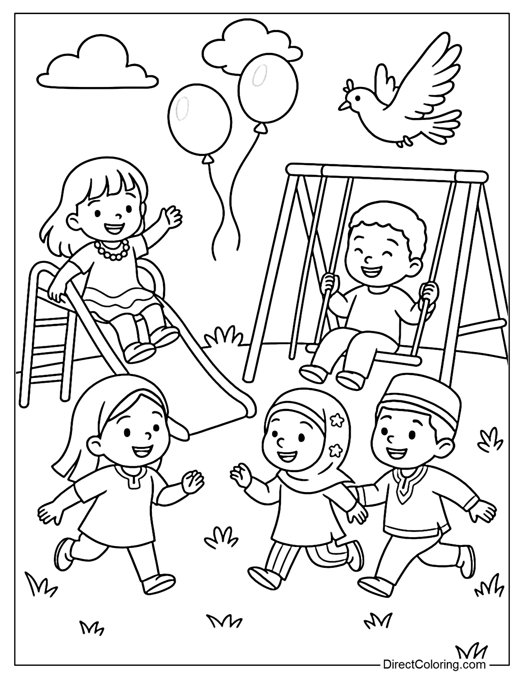 Coloring page of a group of kids playing on a swing and slide together, with birds and balloons flying overhead.